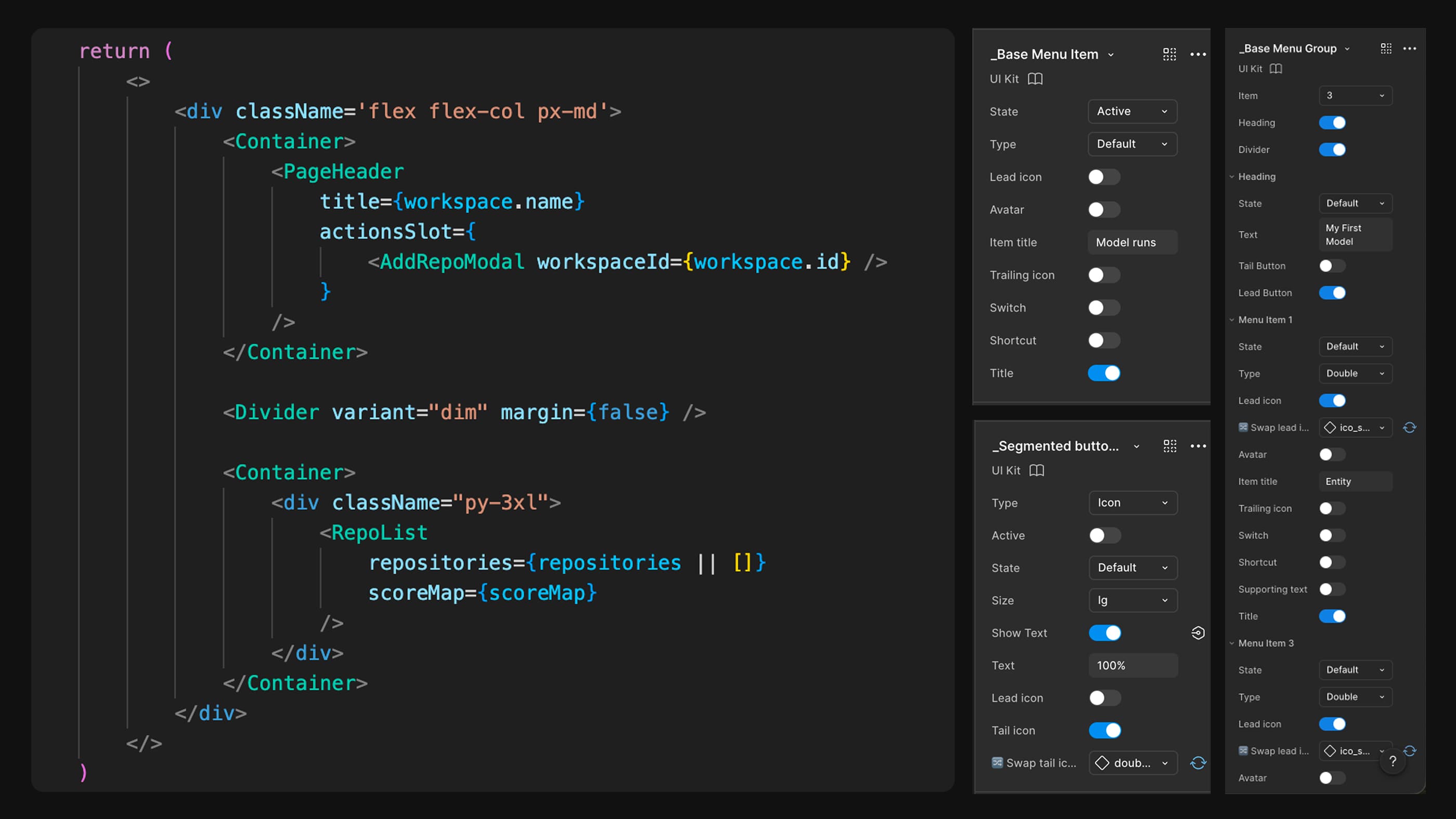 Split view showing React component code alongside Figma component variant panels for Base Menu Item and Segmented Button, demonstrating the design-to-code parity of the system