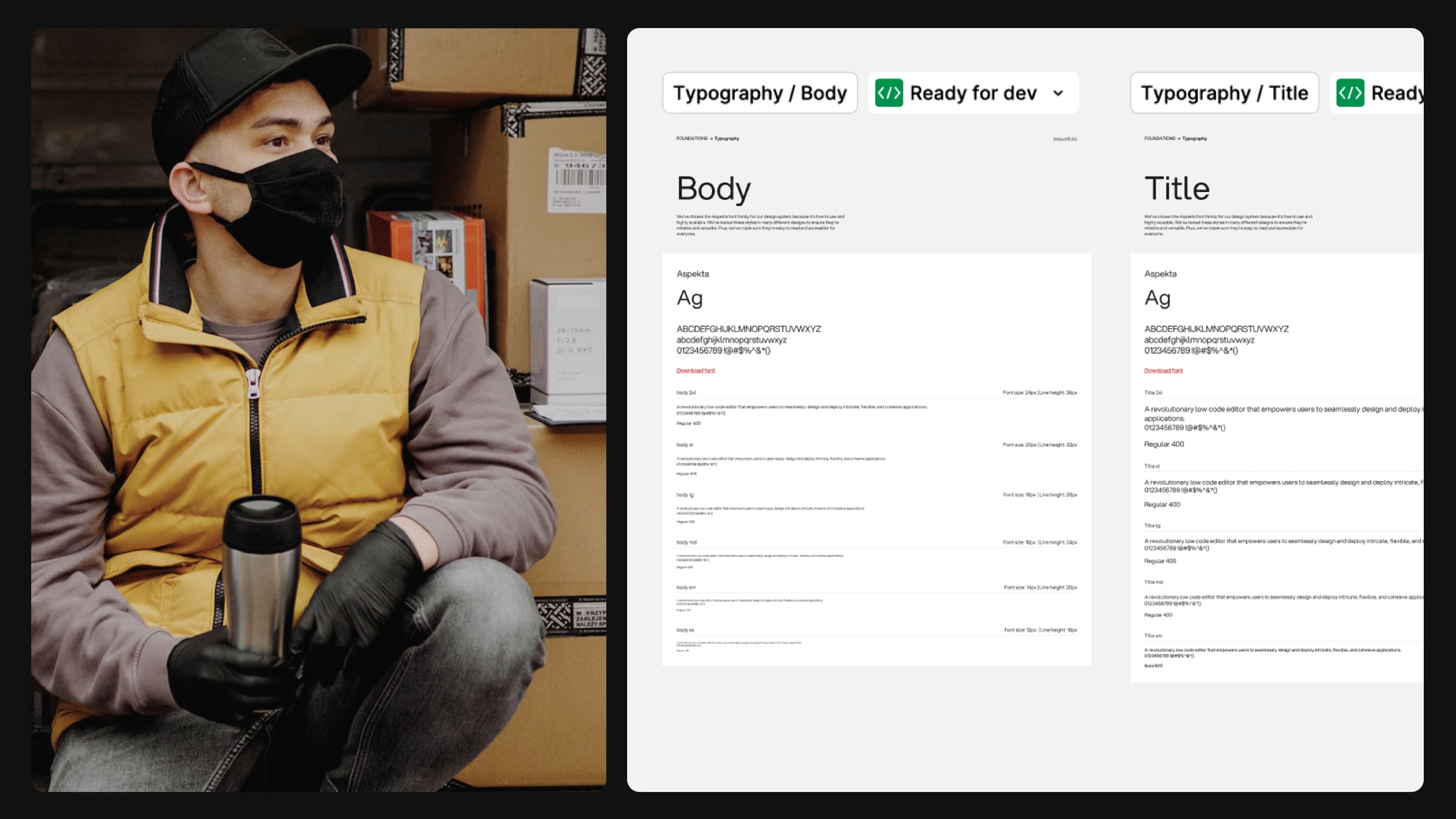 Typography system with 'Ready for dev' badges on the right side. A driver drinking a coffee on the left side.