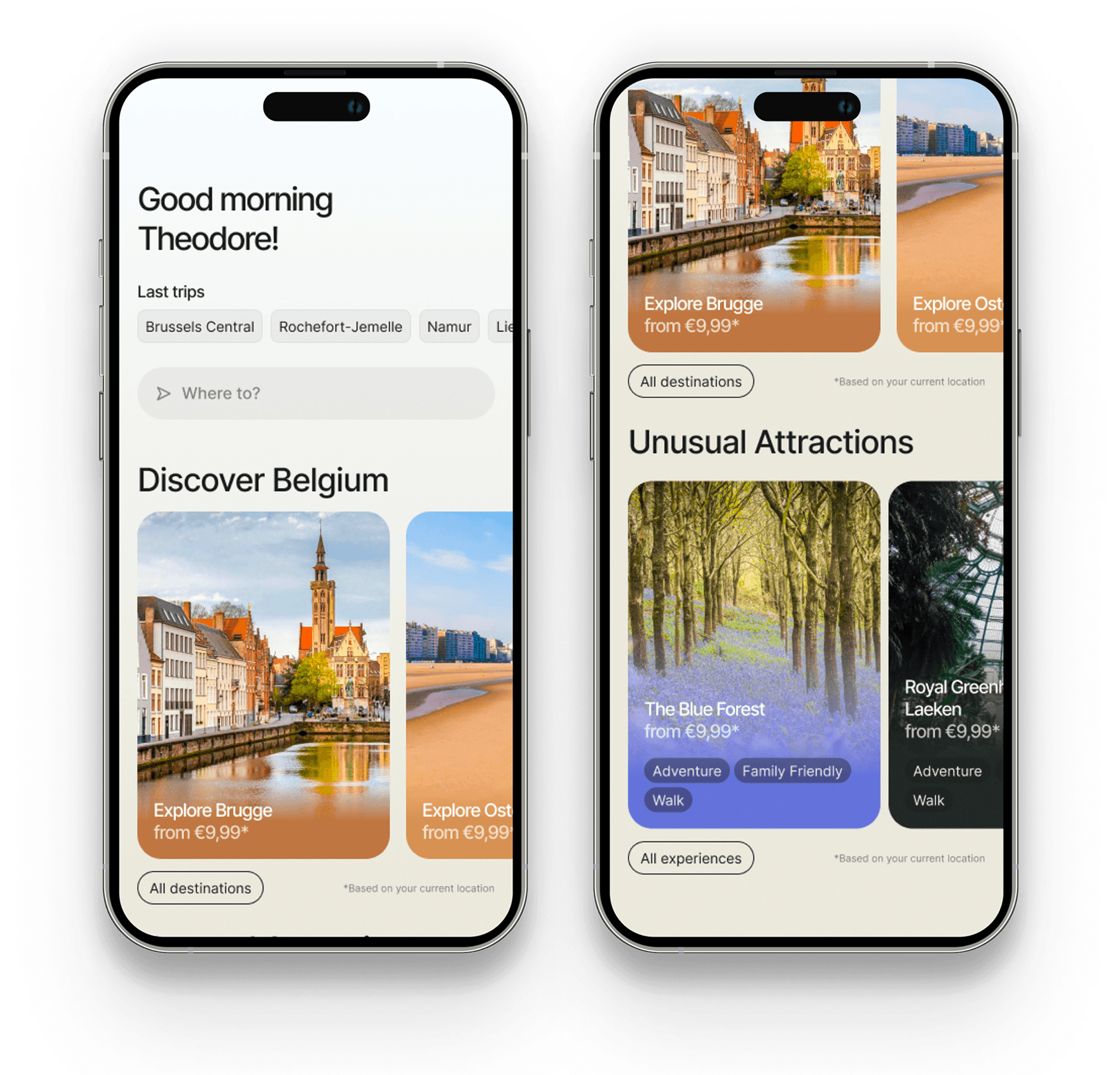UI mockup of the new SNCB app home screen showing a personalized greeting and discovery options